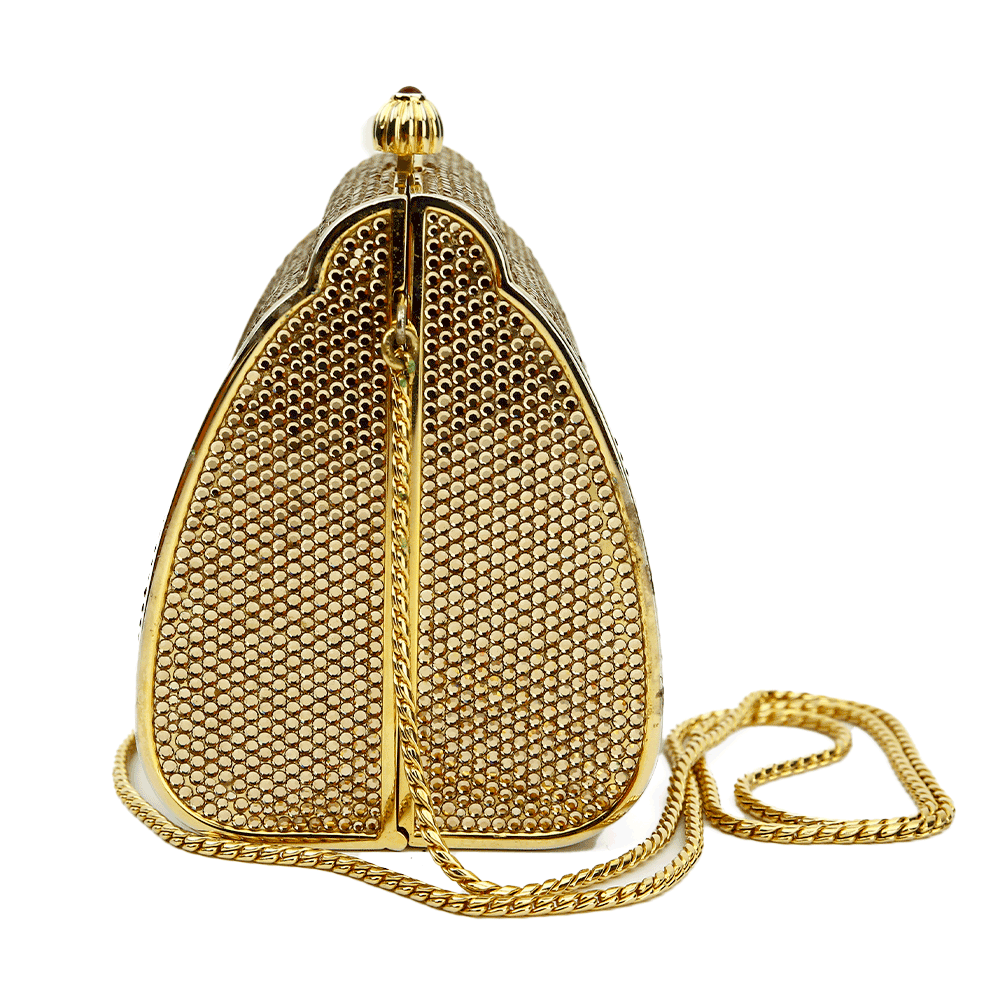 side view of Judith Leiber Minaudiere Gold Box Clutch