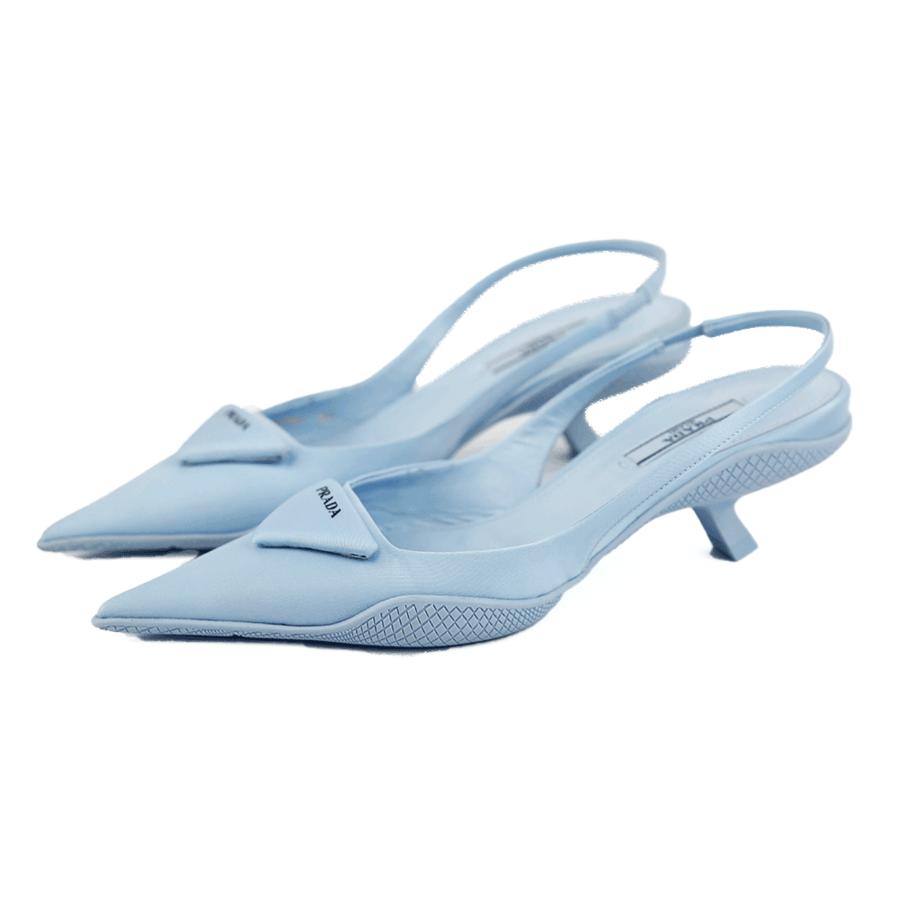 side view of Prada Baby Blue Nylon Triangle Logo Slingback Pumps