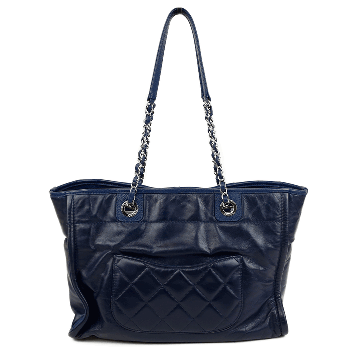 back view of Chanel Navy Glazed Calfskin Deauville Tote