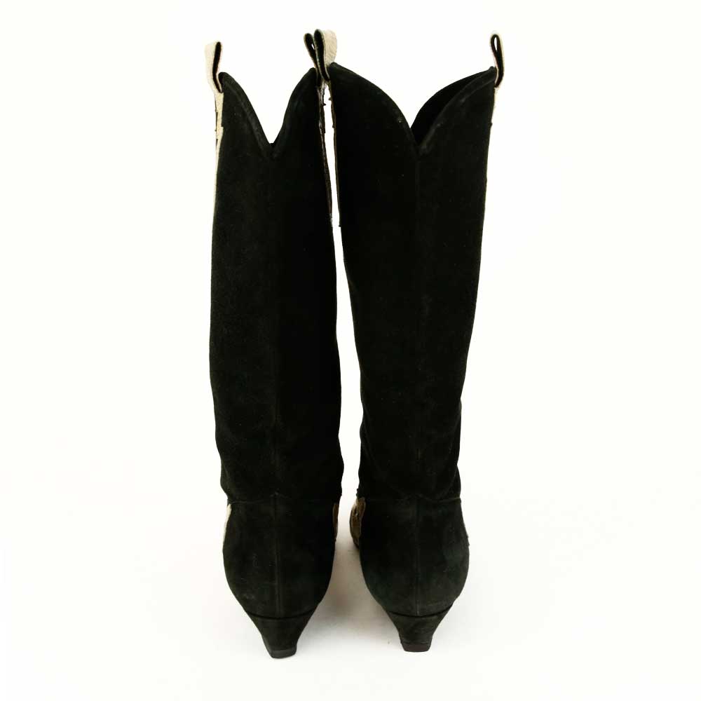 back view of Escada Black Suede & Gold Snake Trim Boots