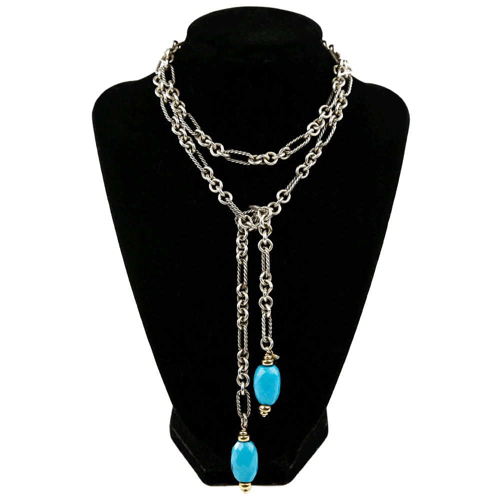 Front view of David Yurman Sterling Silver, Turquoise & 18K Lariat Necklace