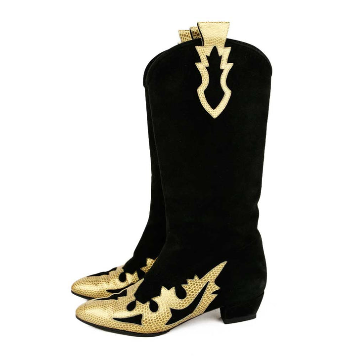 side view of Escada Black Suede & Gold Snake Trim Boots