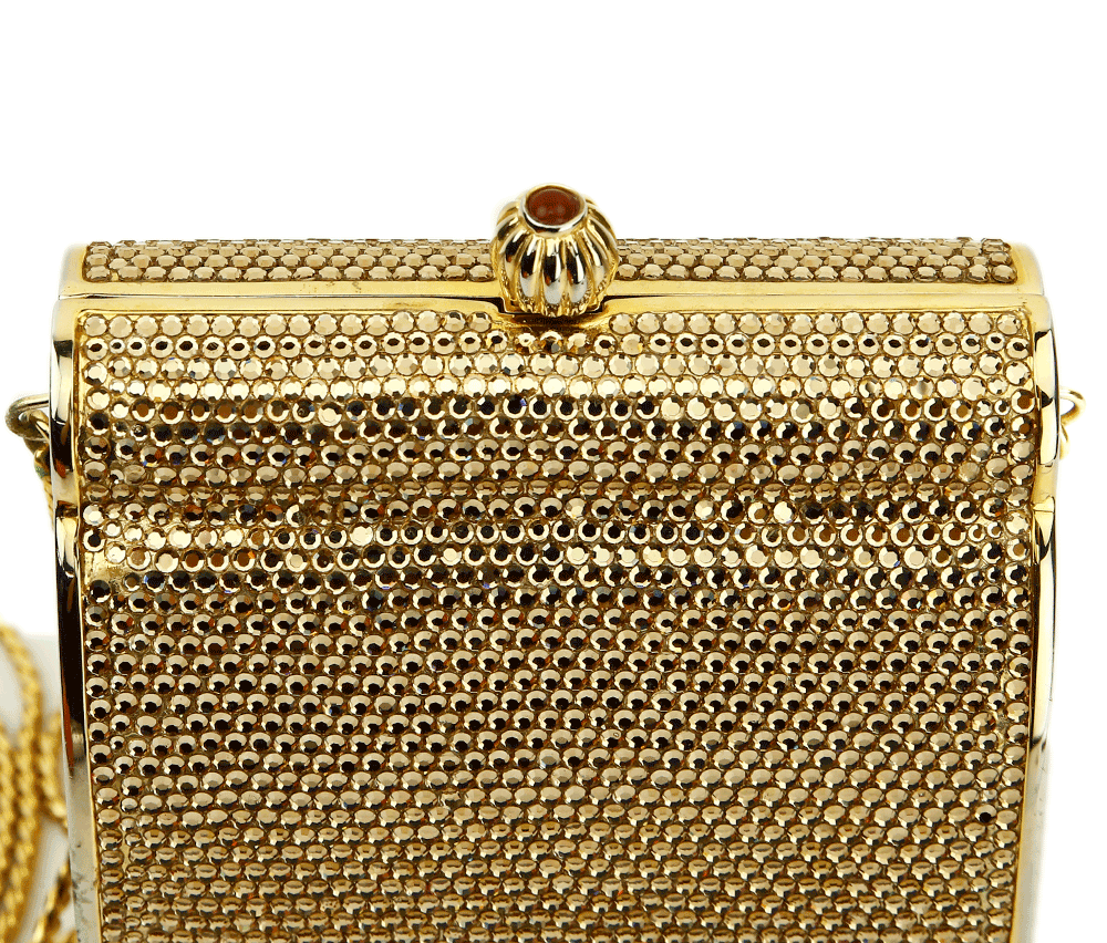 Top view of Judith Leiber Minaudiere Gold Box Clutch