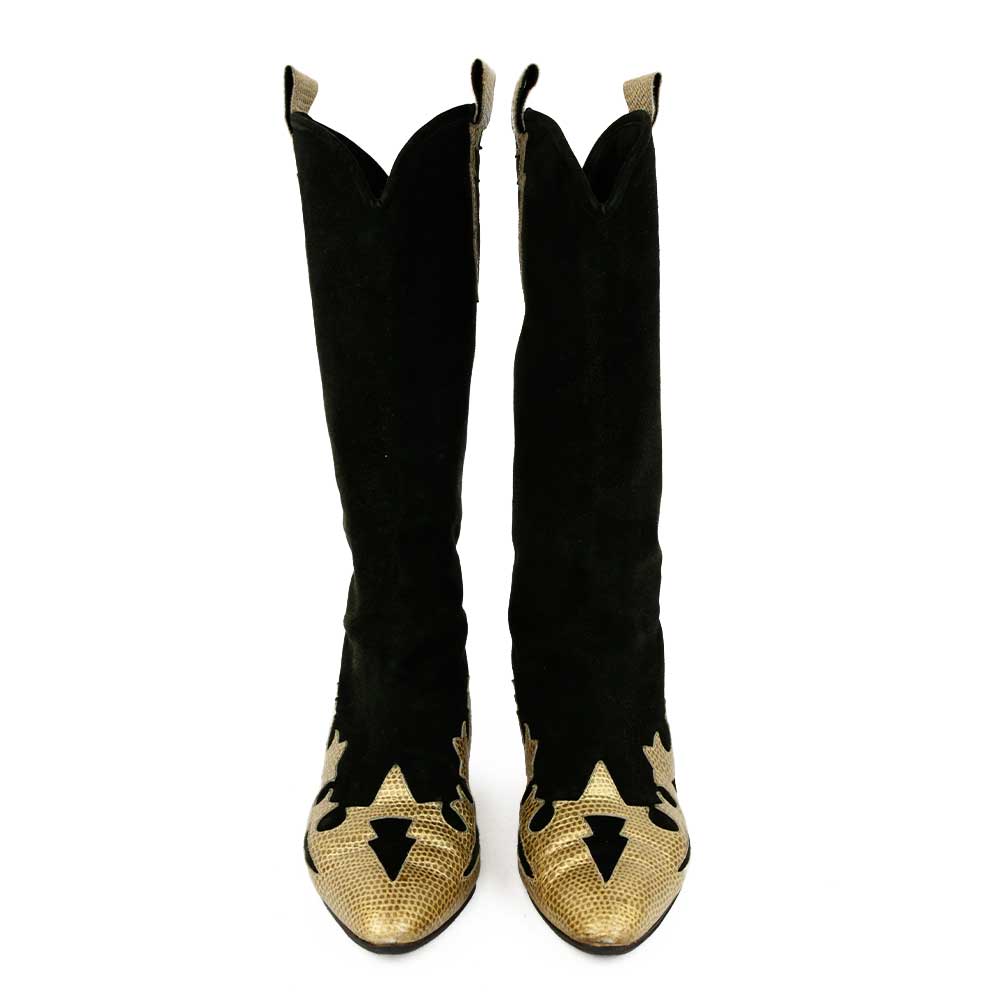 front view of Escada Black Suede & Gold Snake Trim Boots