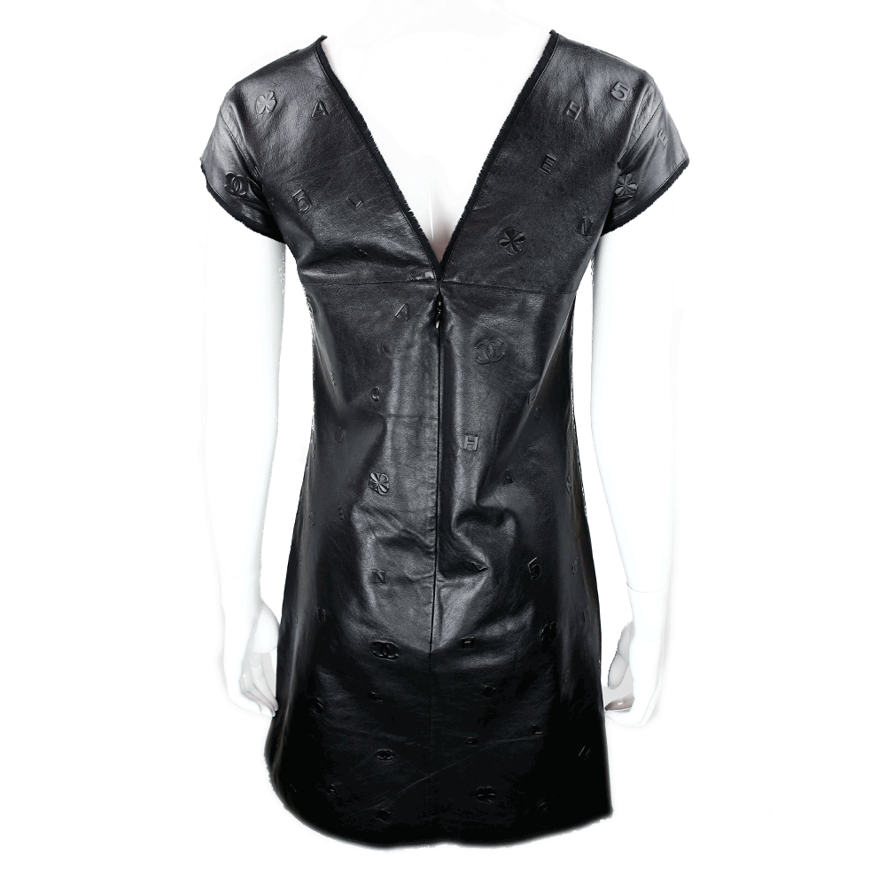 Back view of Chanel Black Lambskin Leather Cap Sleeve Midi Dress