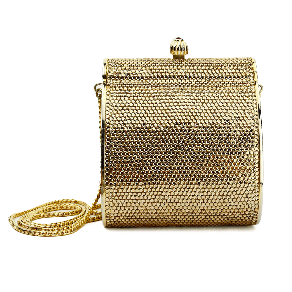 front view of Judith Leiber Minaudiere Gold Box Clutch