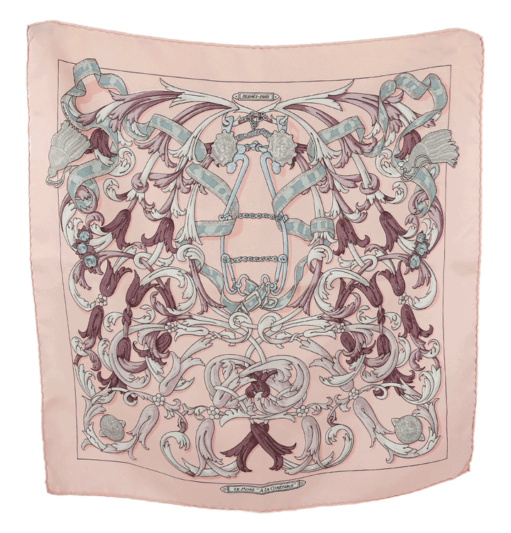 full view of Hermès Pink Le Mors "A La Conetable" Silk Twill Pocket Scarf