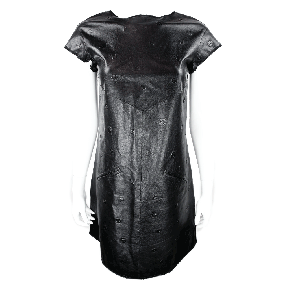 front view of Chanel Black Lambskin Leather Cap Sleeve Midi Dress