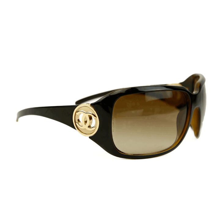 side view of Chanel Brown Shield Style Oversized Sunglasses