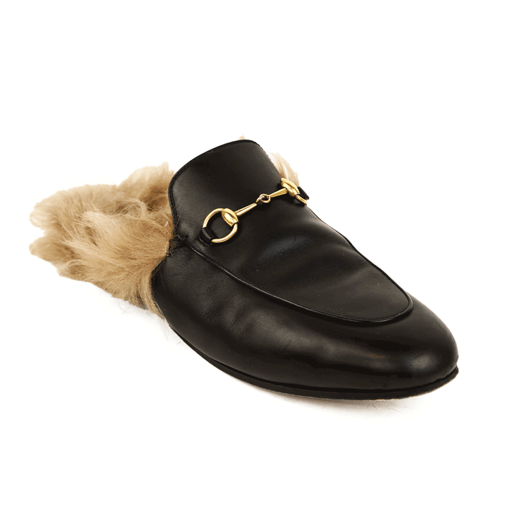 side view of Gucci Princetown Black Leather Horsebit Fur Loafer Mules
