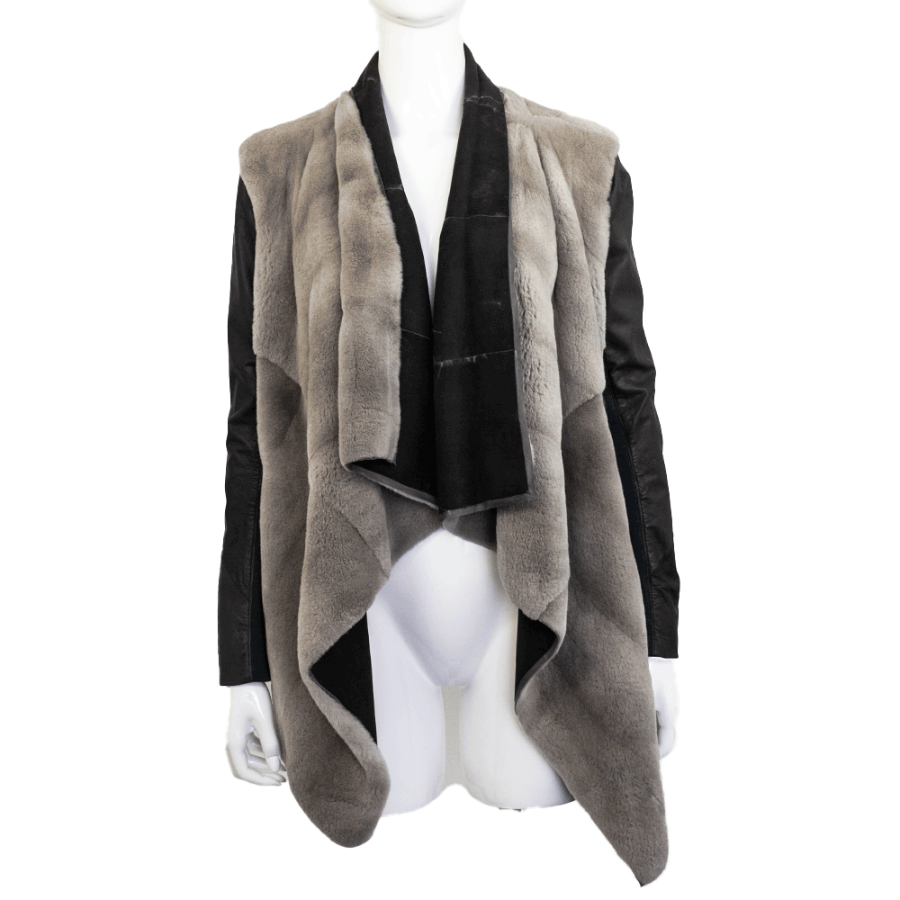front view of Rick Owens Gray Sheared Mink Leather Jacket