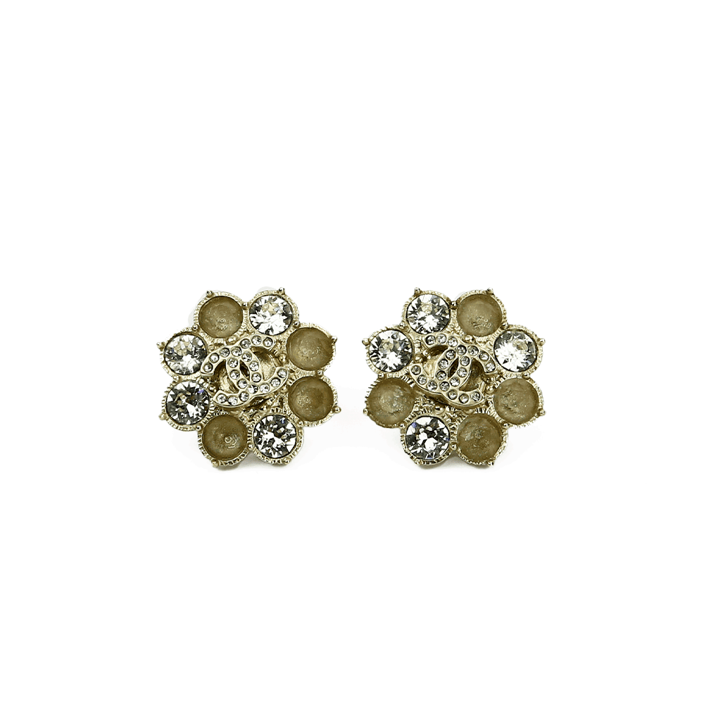 FRont view of Chanel Gold Tone & Crystal CC Flower Earrings