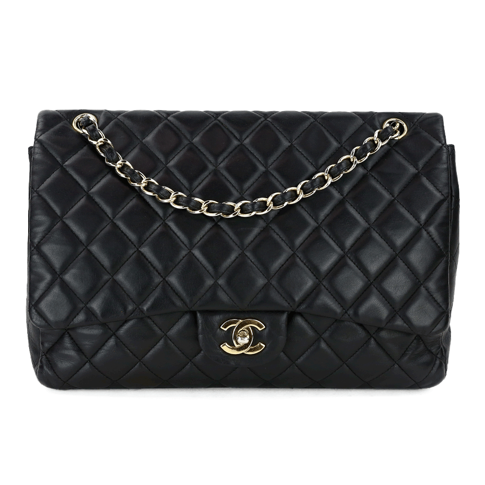 front view of Chanel Black Lambskin Single Flap Maxi Handbag
