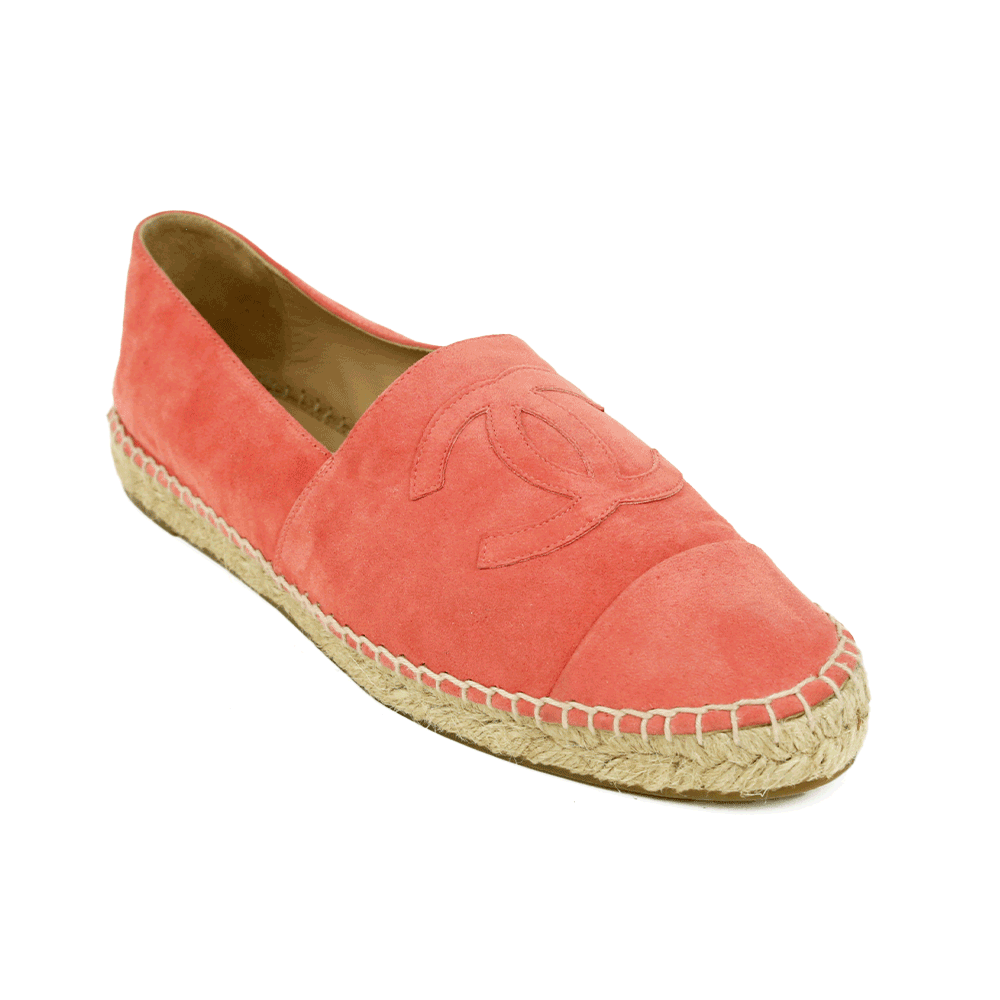 side view of Chanel Coral Pink Suede Espadrille Flats
