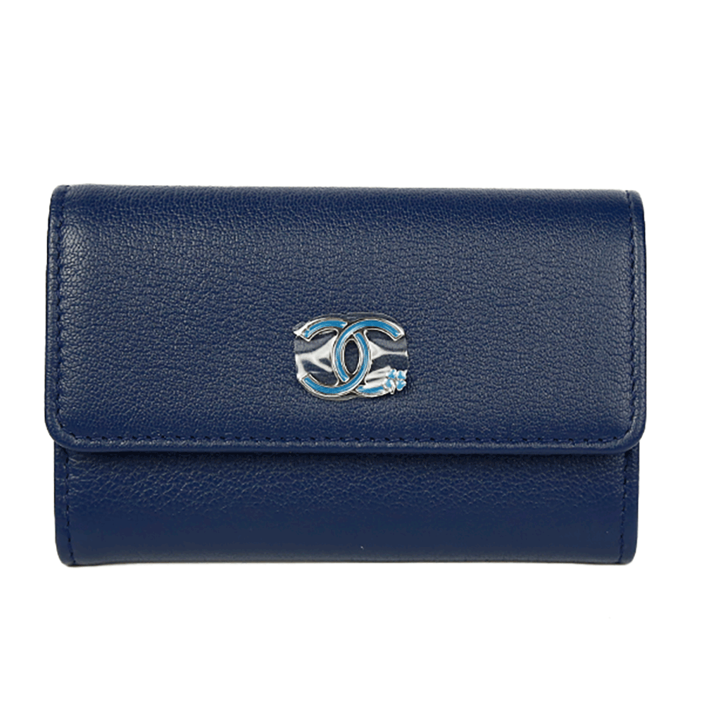 Front view of Chanel Navy Leather Lucky Clover Card Case