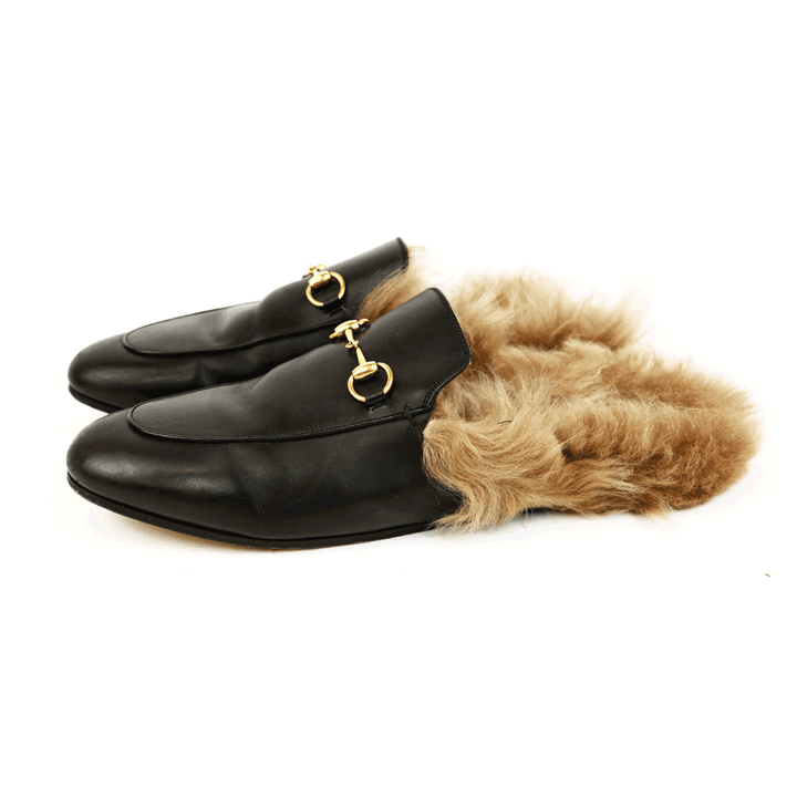 side view of Gucci Princetown Black Leather Horsebit Fur Loafer Mules