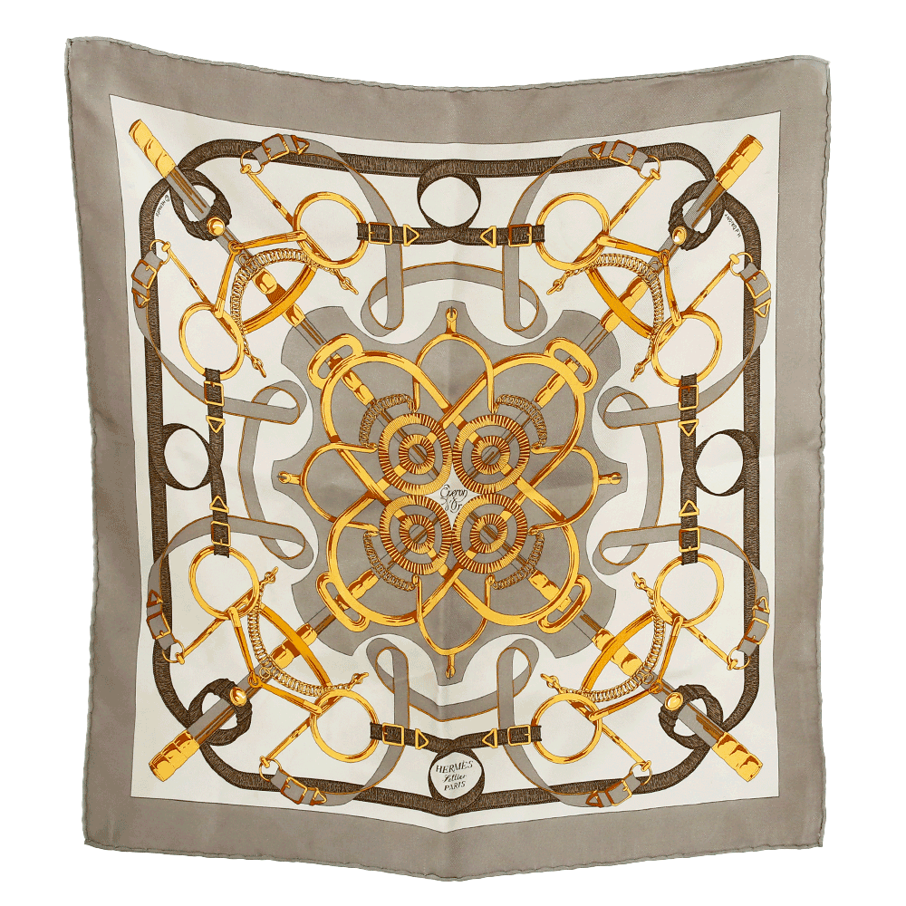 full view of Hermès Gray Eperon D'Or Silk Twill Pocket Scarf