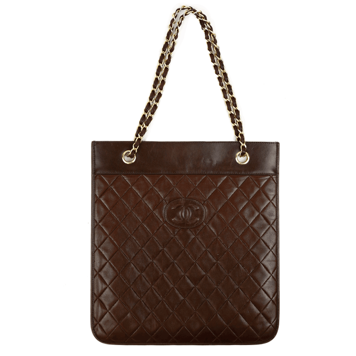 front view of Chanel Vintage Brown Quilted Leather Flat Shoulder Bag