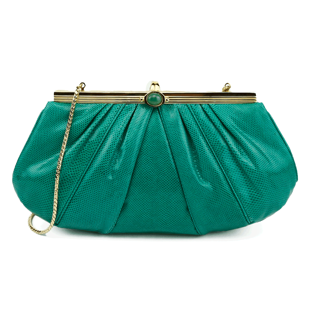 front view of Judith Leiber Vintage Green Frame Clutch