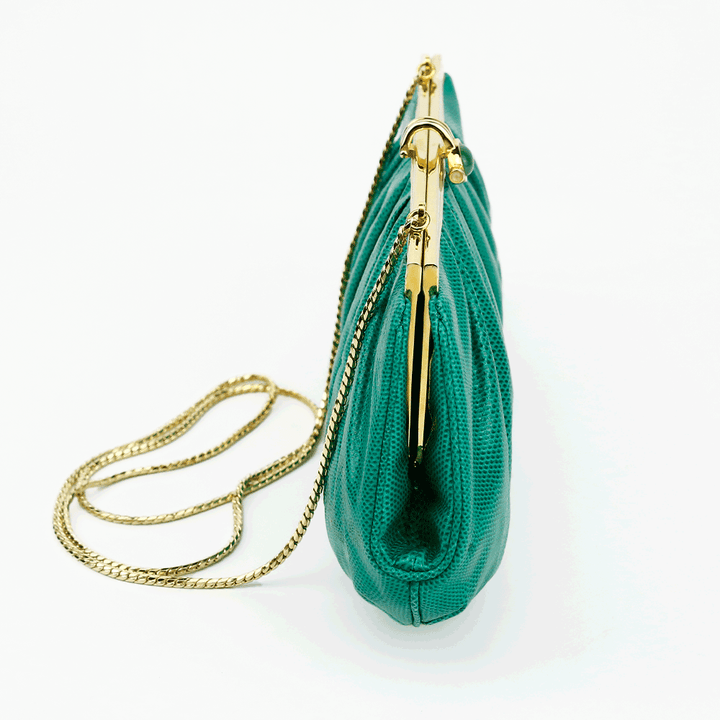 side view of Judith Leiber Vintage Green Frame Clutch