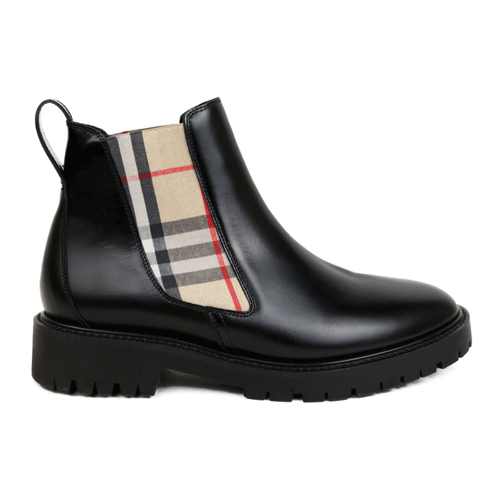 side view of Burberry Black Leather Vintage Check Chelsea Boots