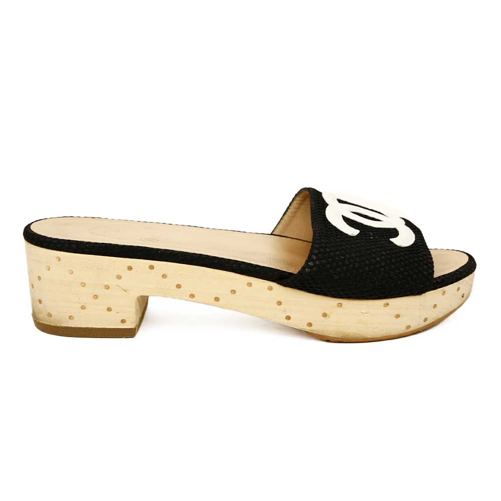 side view of Chanel Black Canvas CC Logo Wooden Slide Sandals