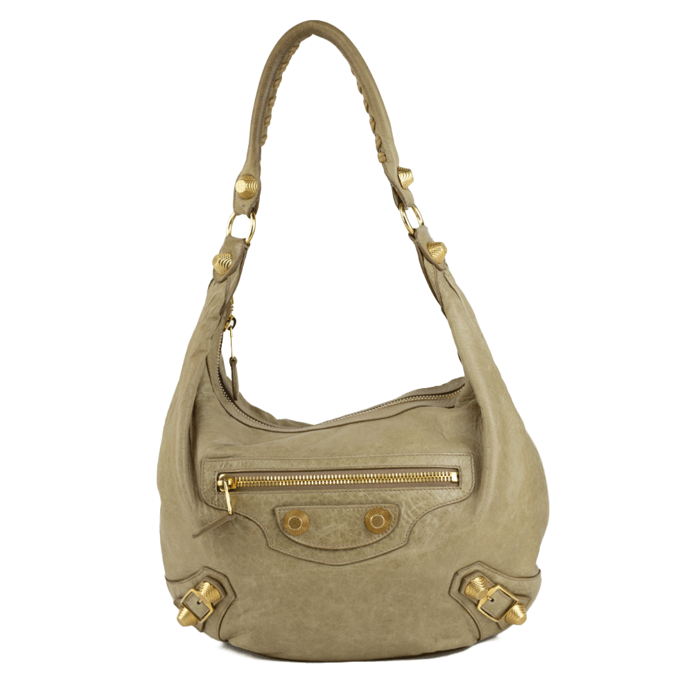 front view of Balenciaga Motocross Giant 21 Beige Leather Hobo Bag