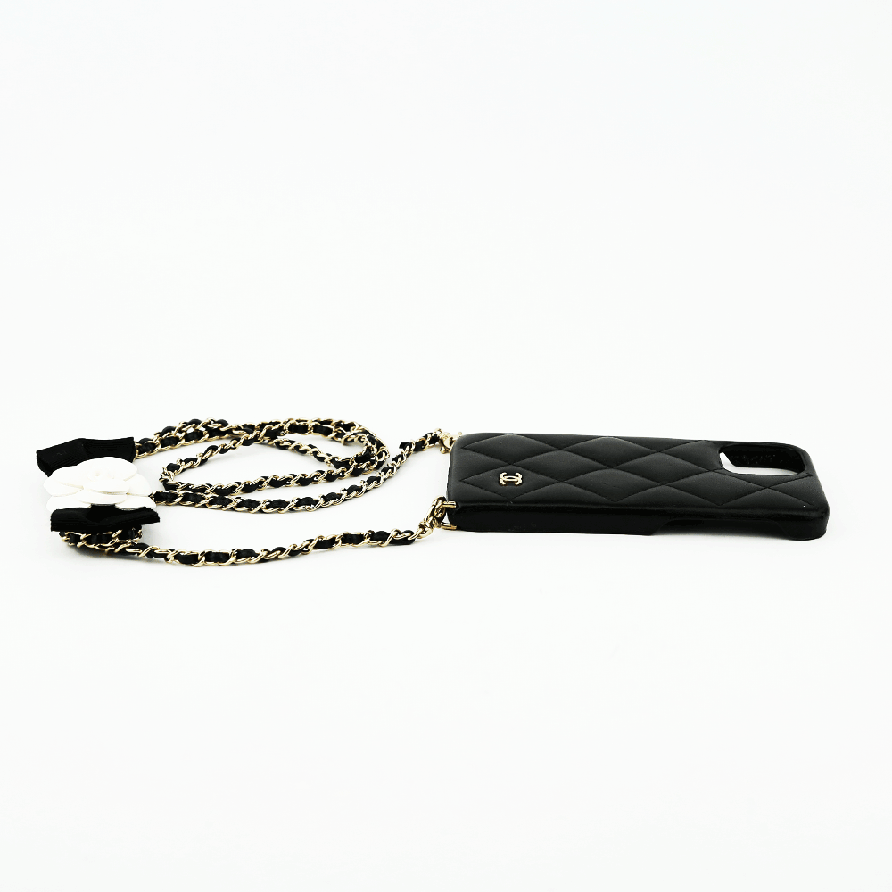 Chanel Black Quilted Leather Phone Case With Camellia Chain Chanel Black Quilted Leather Phone Case With Camellia Chain