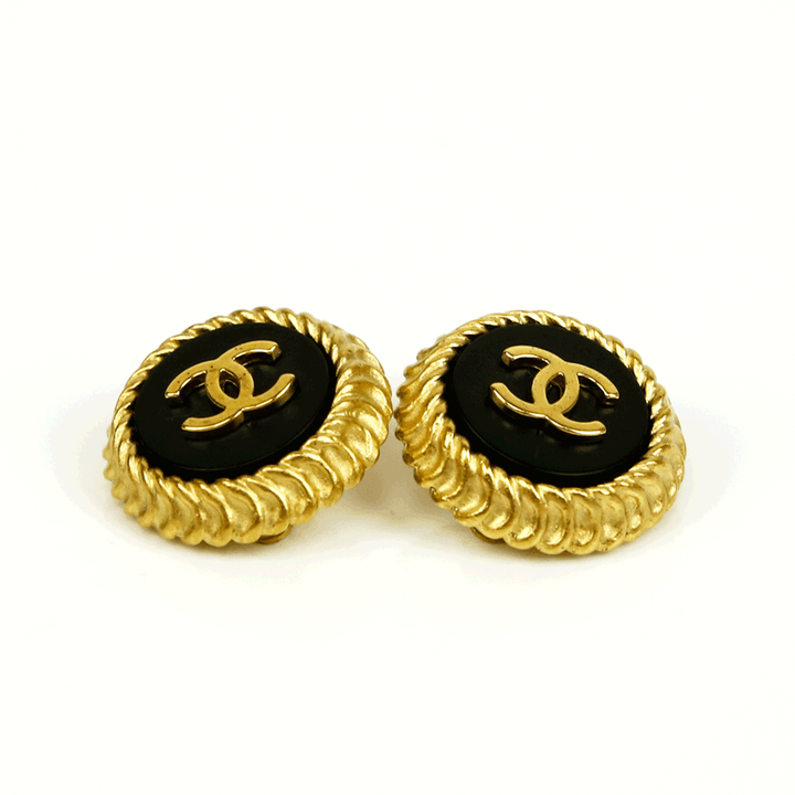 Chanel Vintage Gold & Black CC Button Clip-On Earrings