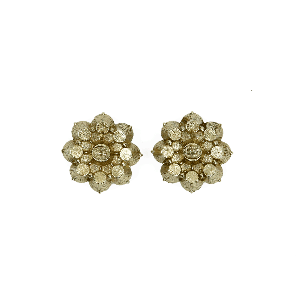 Back view of Chanel Gold Tone & Crystal CC Flower Earrings