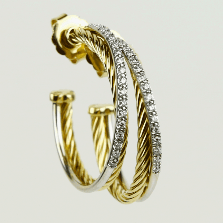 David Yurman 18K Yellow Gold Crossover Hoop Earrings With Pavé Diamonds