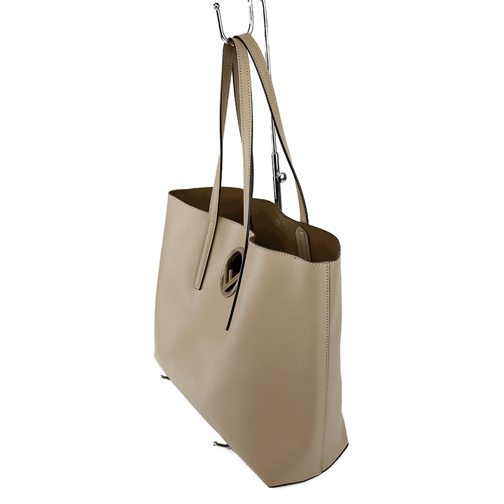 side view of Fendi Beige Leather Cut Out F Logo Shopper Tote