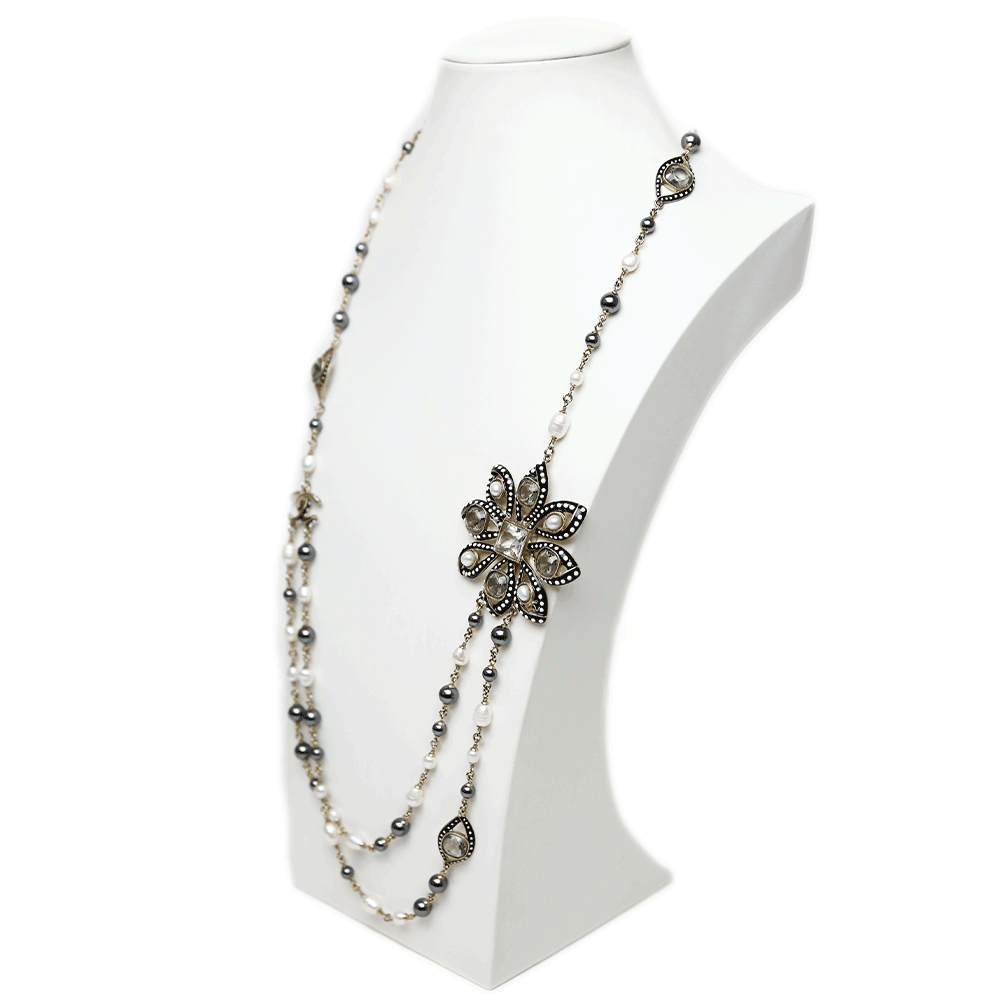 side view of Chanel Strass & Enamel Pearl Station Necklace