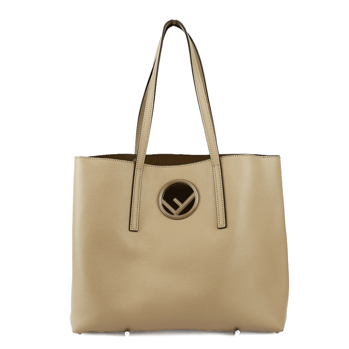 front view of Fendi Beige Leather Cut Out F Logo Shopper Tote