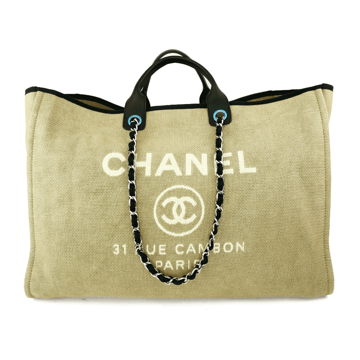 Front view of Chanel Extra Large Deauville Khaki Canvas Shopping Bag