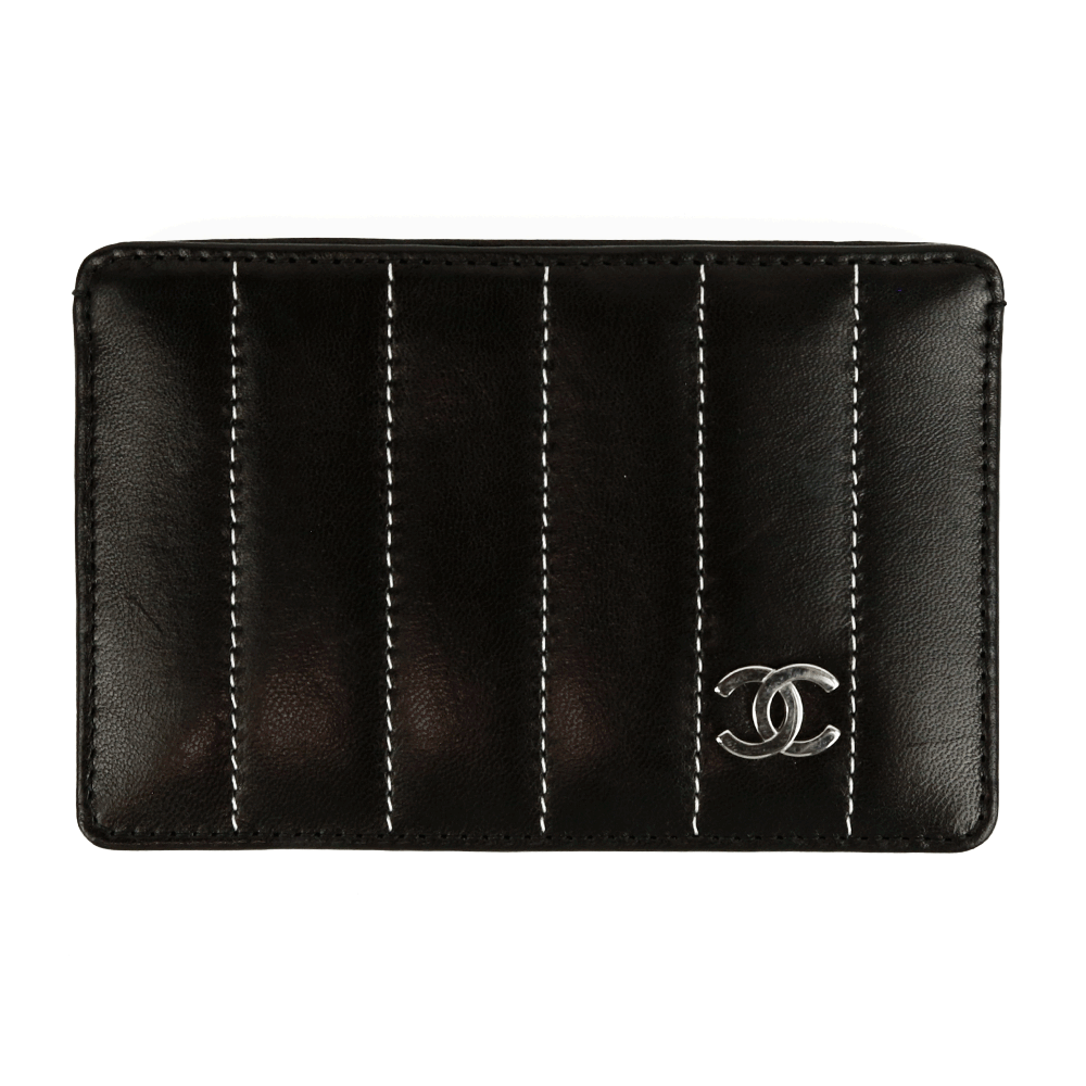 front view of Chanel Vintage Black Leather Quilted Card Holder