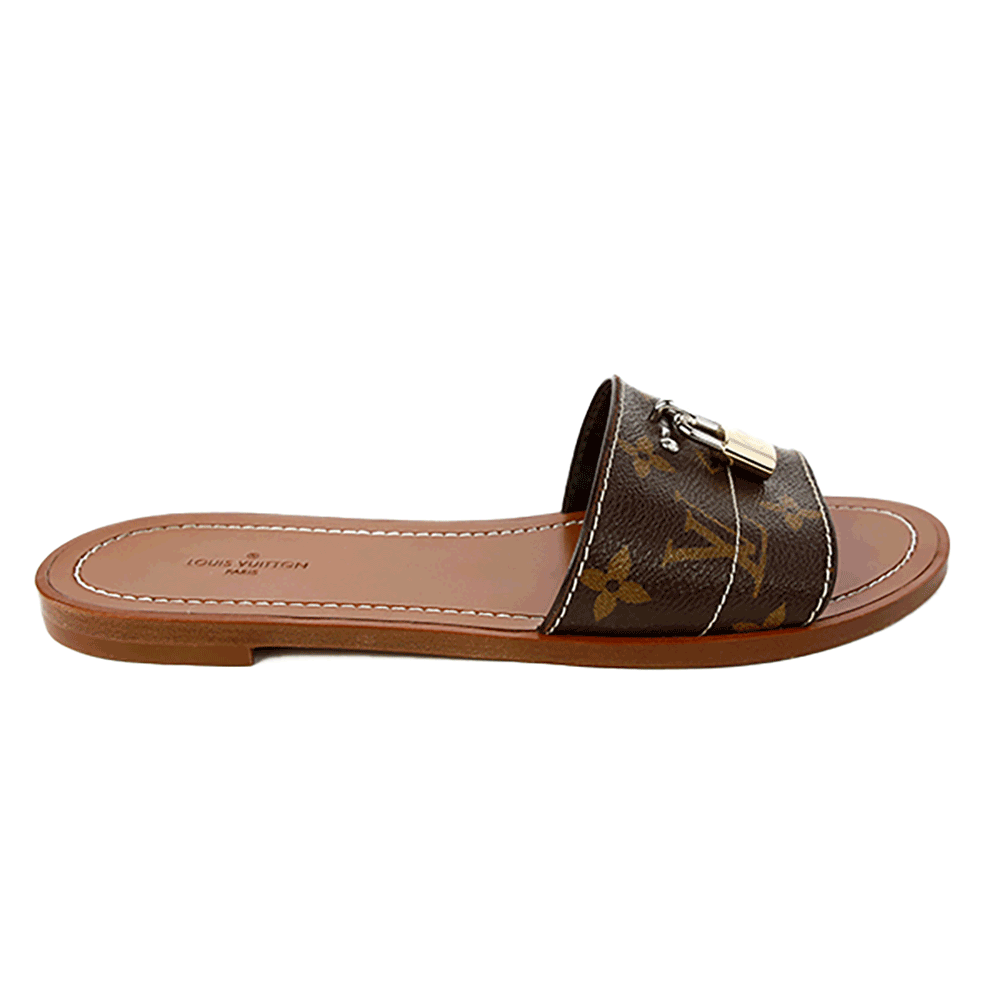 Side view of Louis Vuitton Lock It Monogram Canvas Slides