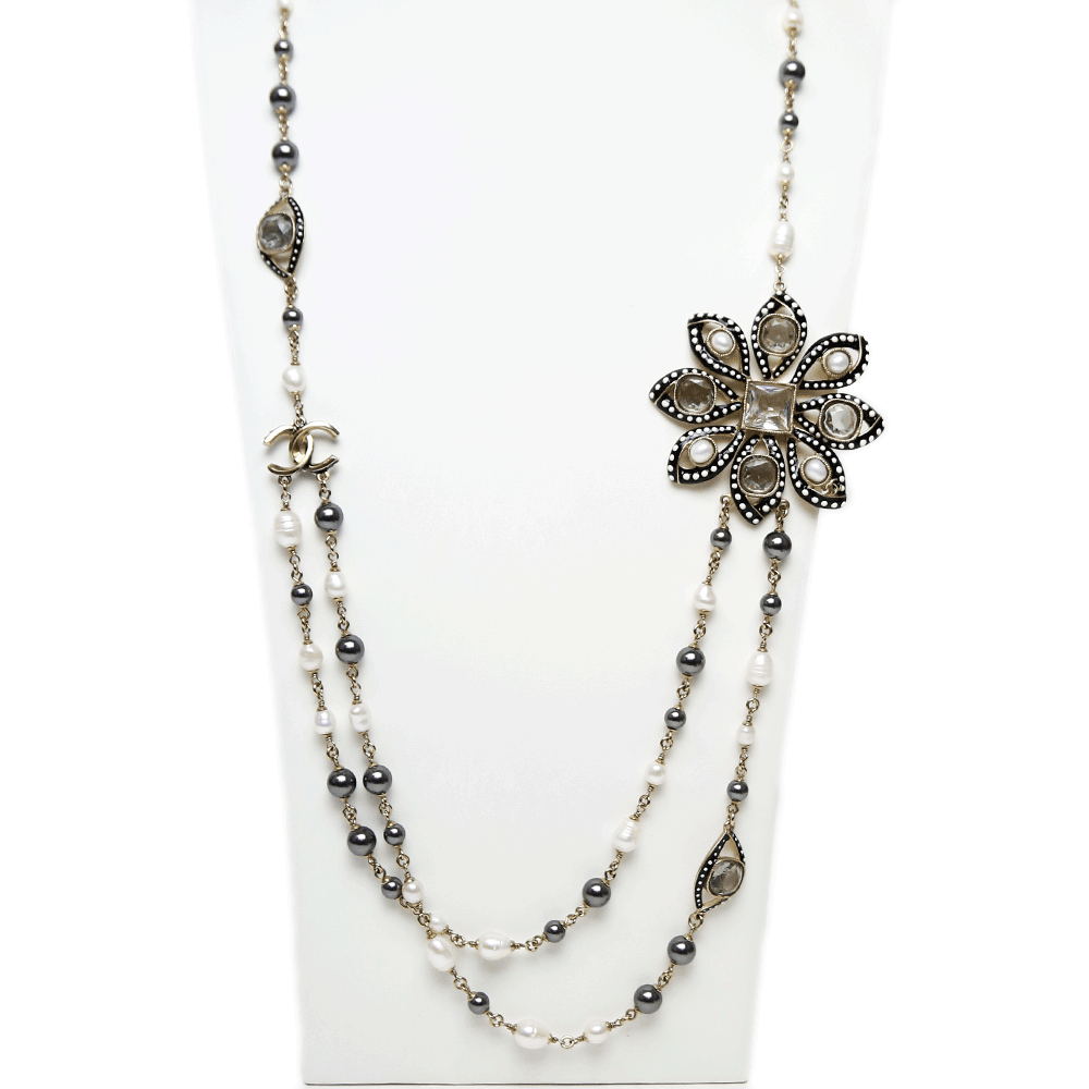 front view of Chanel Strass & Enamel Pearl Station Necklace