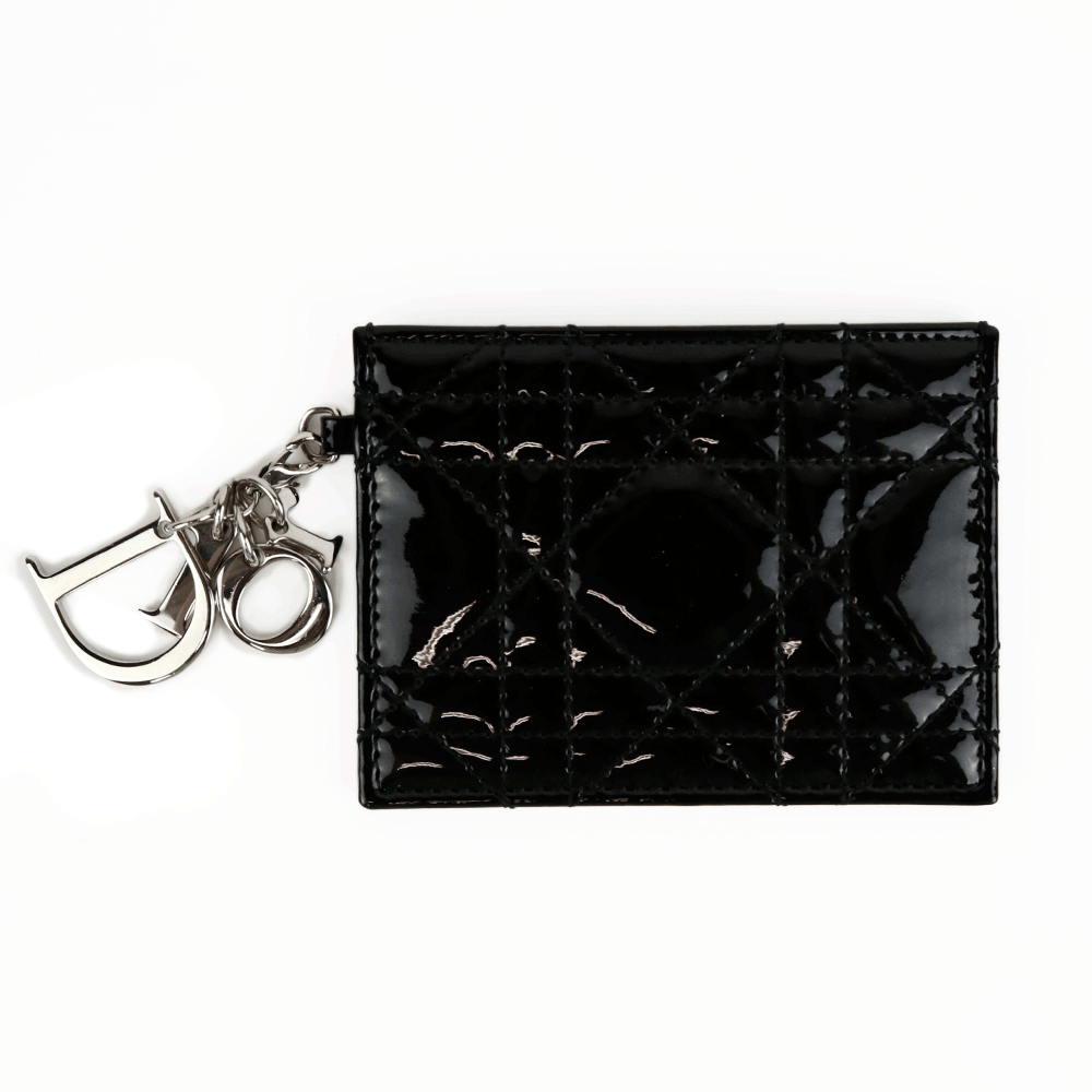 front view of Christian Dior Black Patent Cannage Leather Lady Dior Card Holder