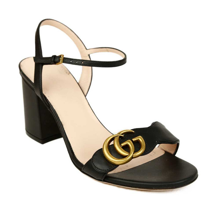 Gucci Black Leather Marmont GG Ankle Strap Sandals