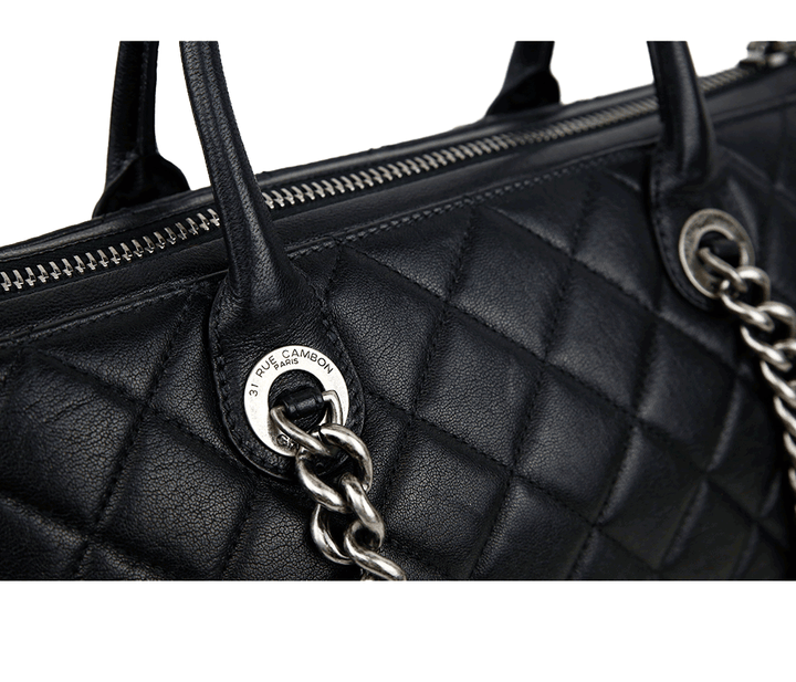 hardware view of Chanel Boy Chained Medium Black Quilted Tote Bag