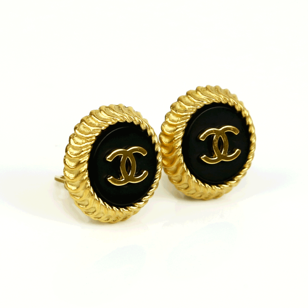 Chanel Vintage Gold & Black CC Button Clip-On Earrings