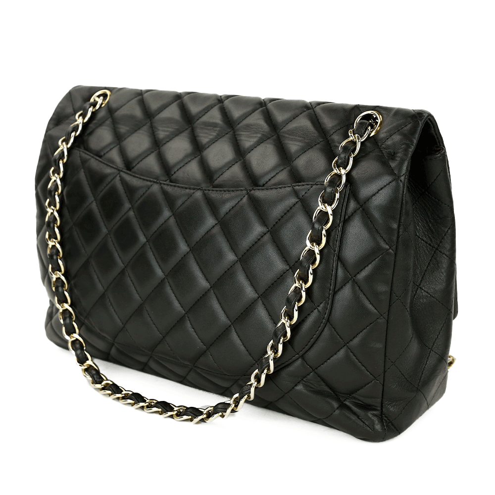 back view of Chanel Black Lambskin Single Flap Maxi Handbag
