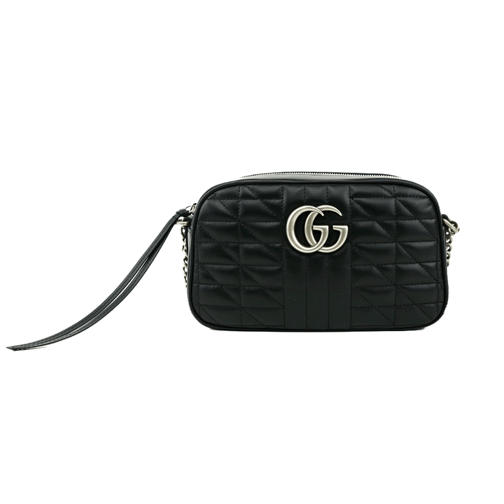 front view of Gucci Black GG Aria Marmont Leather Crossbody Bag