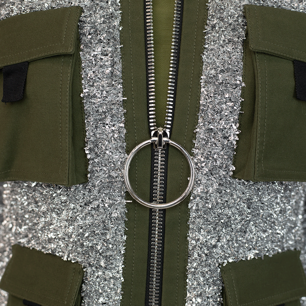 Balmain Silver & Khaki Zipped Tweed Jacket