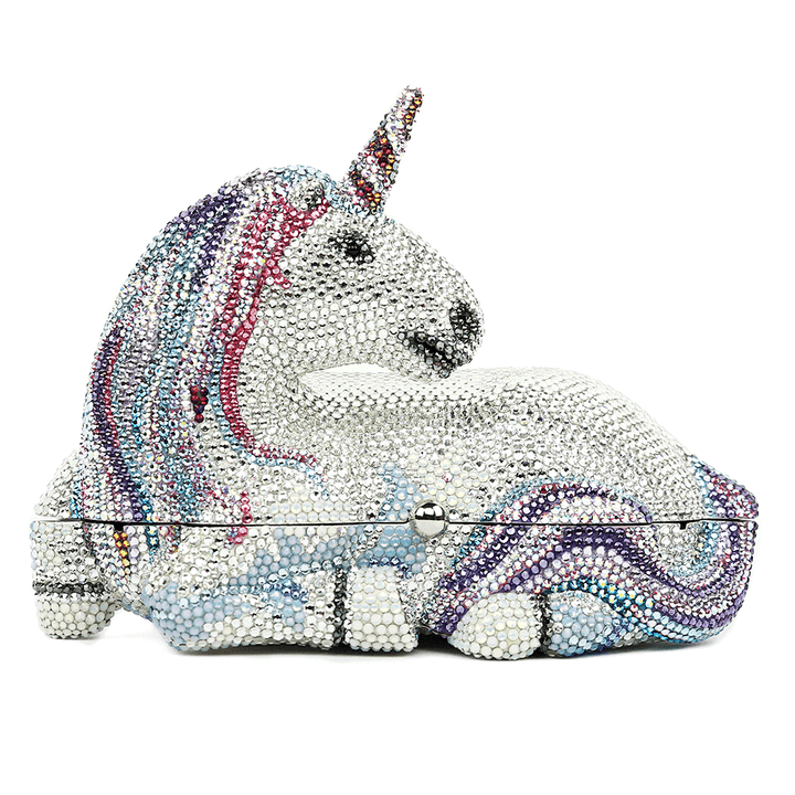 front view of Judith Leiber Unicorn Lunaria Crystal Clutch