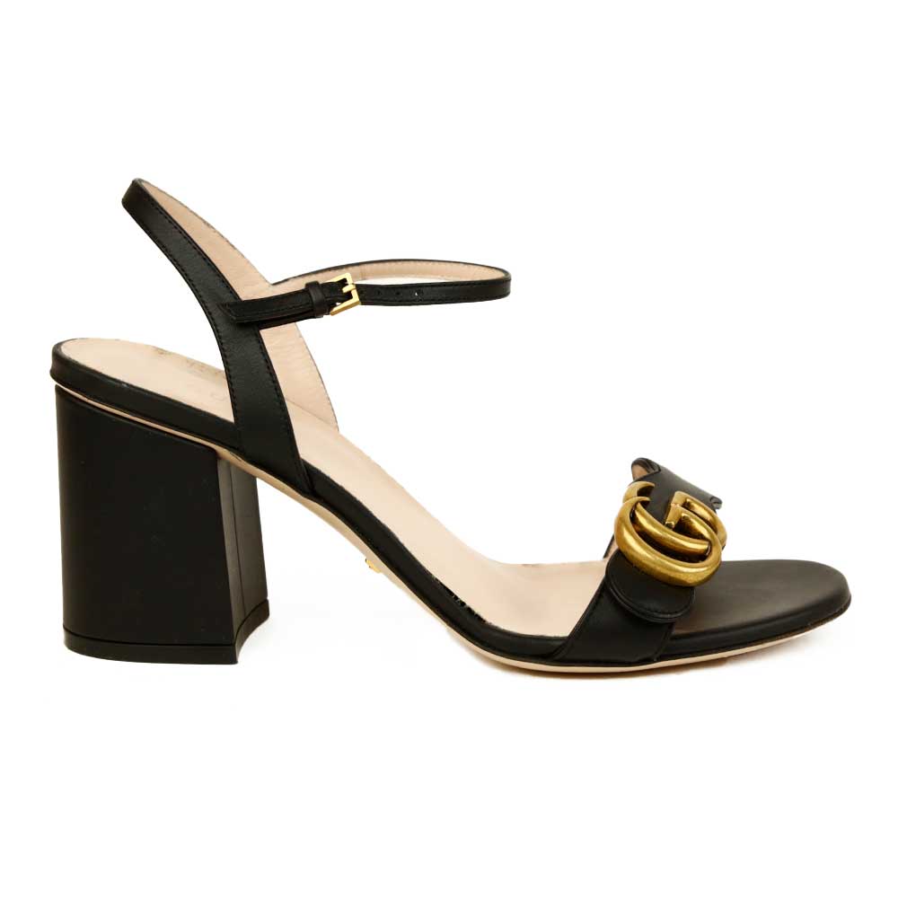 Gucci Black Leather Marmont GG Ankle Strap Sandals