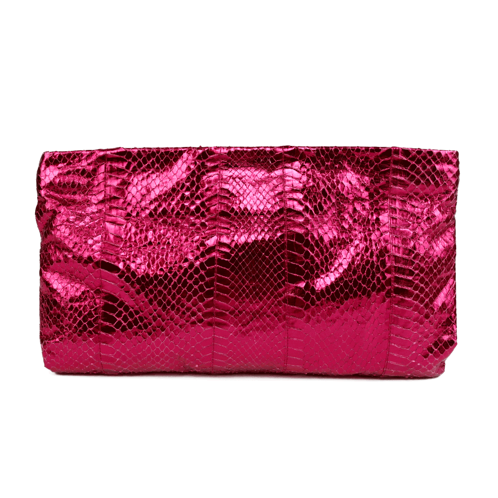 back view of Prada Metallic Pink Python Whips Pietre Clutch