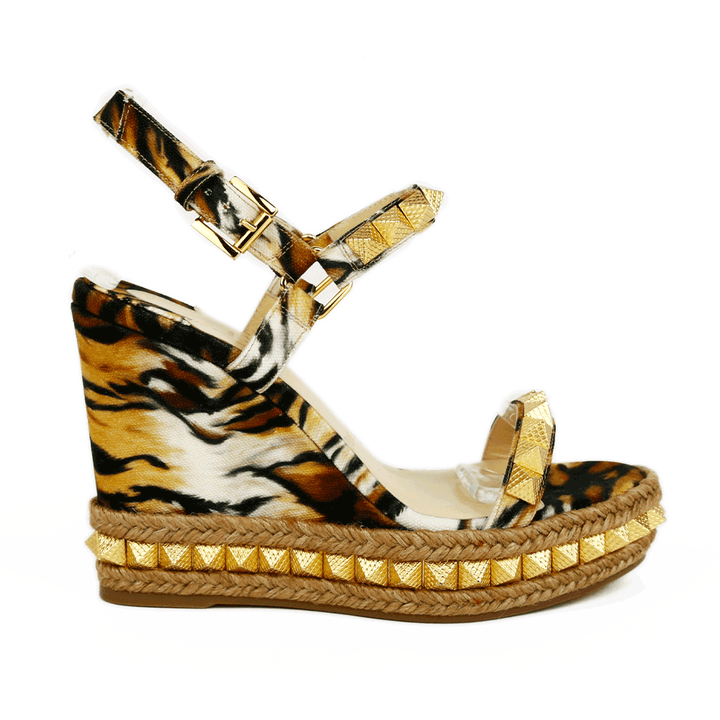 side view of Christian Louboutin Toile Canvas Bengal Pyraclou 110 Wedge Sandals
