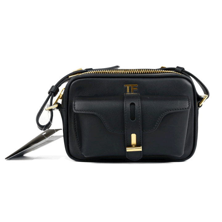 front view of Tom Ford Hollywood Black Leather T-Twist Camera Bag